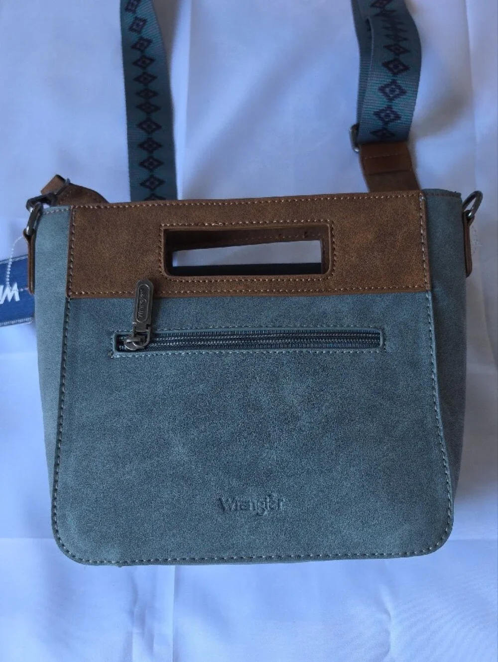 Wrangler Teal & Brown Messenger Crossbody with Patterned Strap